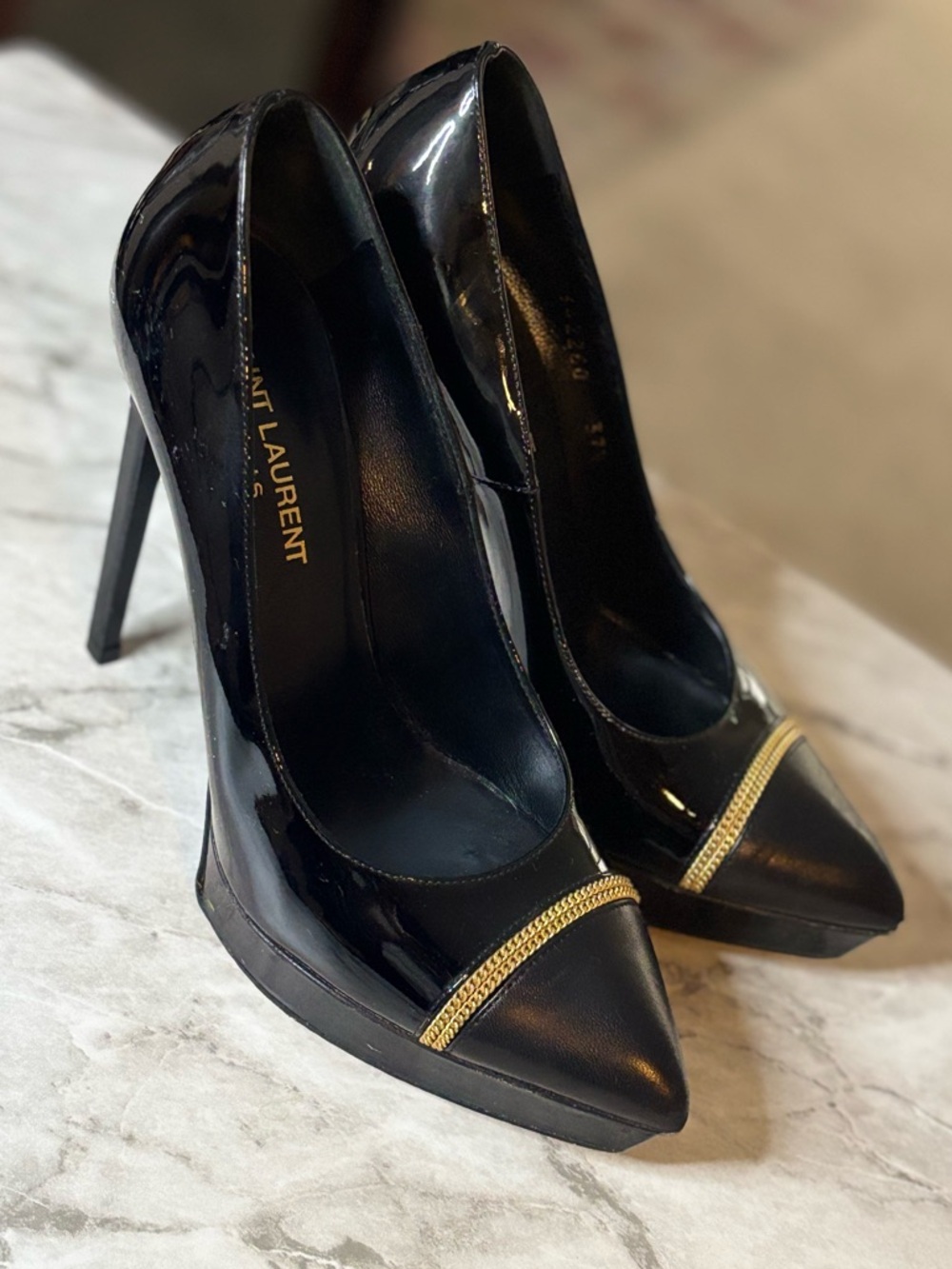 Saint Laurent Black Patent Leather Pointed Toe Pumps w/ Gold Chain Trim Sz 37.5